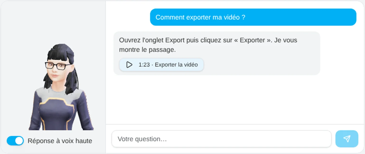 Assistant du tutoriel : réponse avec un bouton qui positionne la vidéo à 1:23