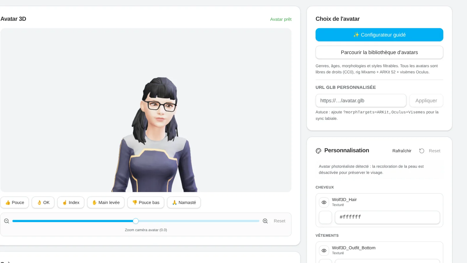 Onglet Studio : avatar 3D, gestes et personnalisation